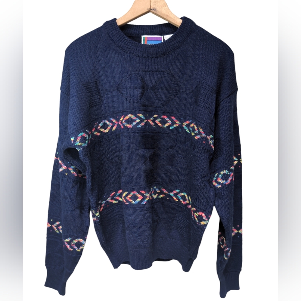 VINTAGE Crew Neck Sweater Graphix Knit Navy Aztec Print Mens Size EXTRA LARGE